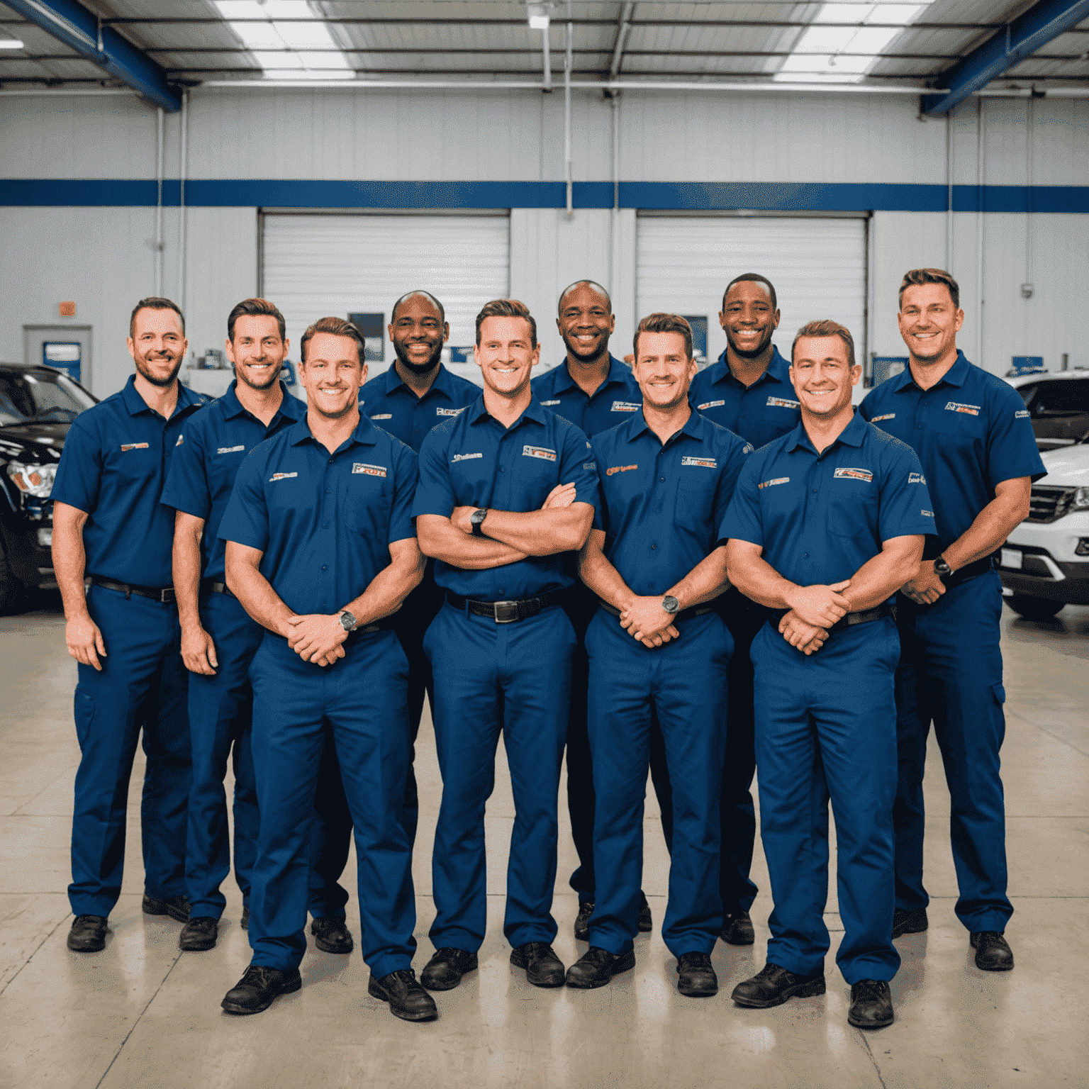 The 1win Auto Service team standing in front of their modern service center. The image shows a diverse group of professional technicians in clean, branded uniforms, smiling confidently. The background showcases a well-equipped, organized garage with state-of-the-art diagnostic and repair equipment.