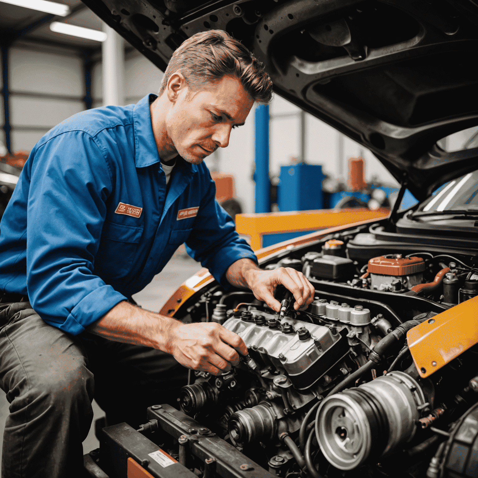 A mechanic performing routine maintenance on a car engine, checking oil levels and inspecting various components