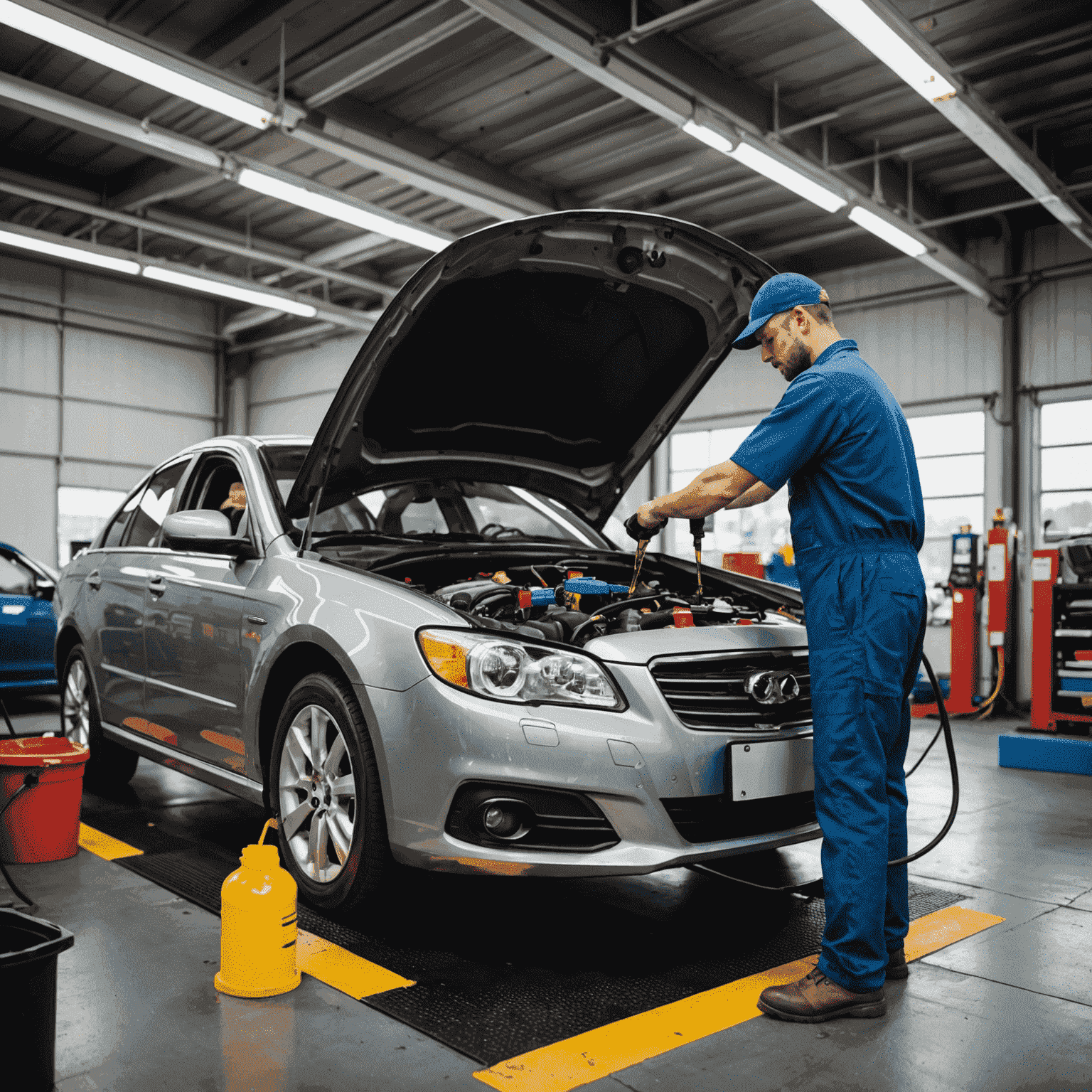 A mechanic performing an oil change on a car, with an open hood and oil being poured into the engine