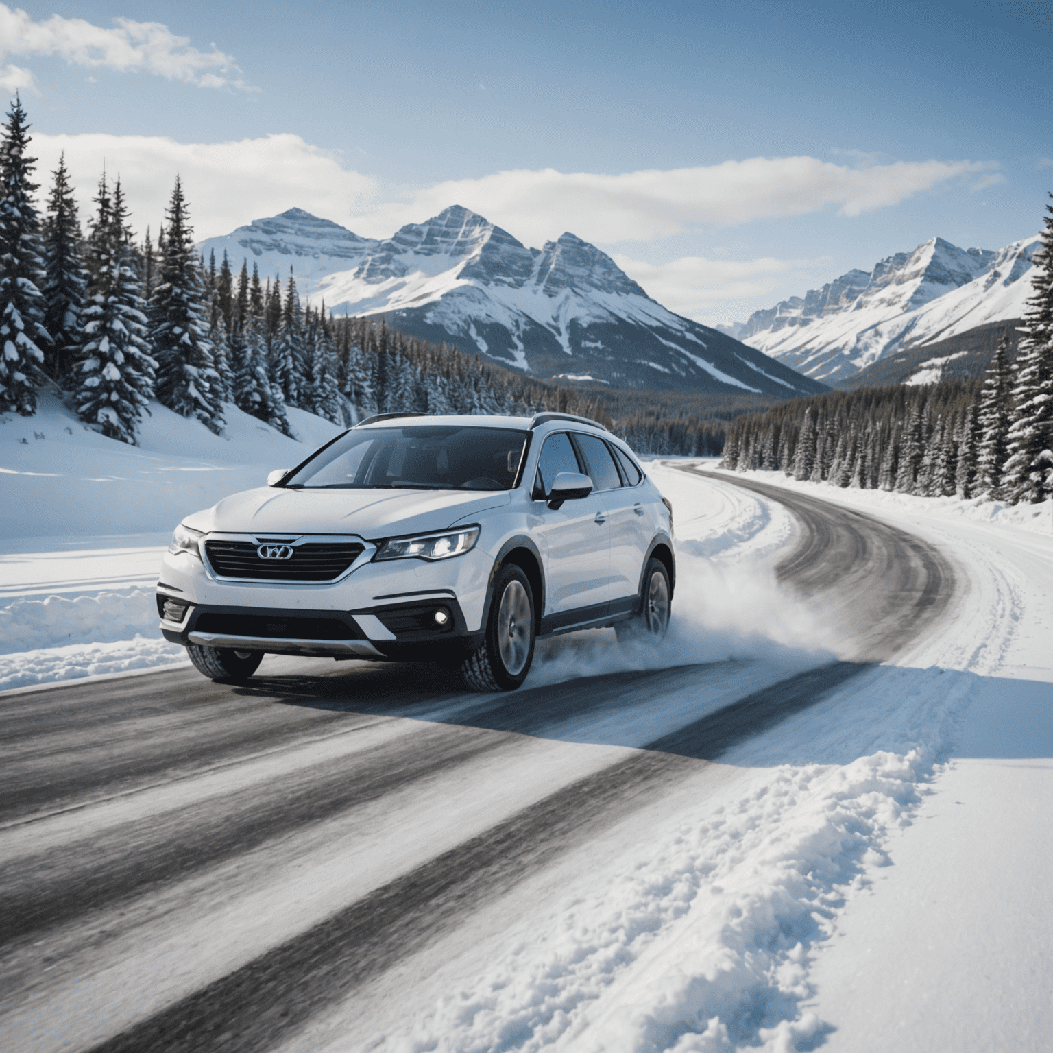 A car driving through a snowy Canadian landscape, demonstrating winter preparedness with snow tires and a clear windshield