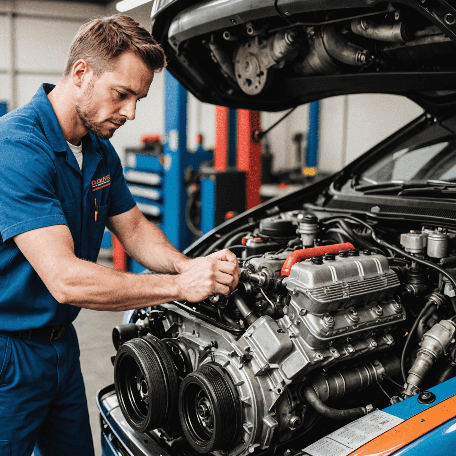 A split image showing a person working on a car engine at home on one side, and a professional mechanic in a 1win Auto Service garage on the other side