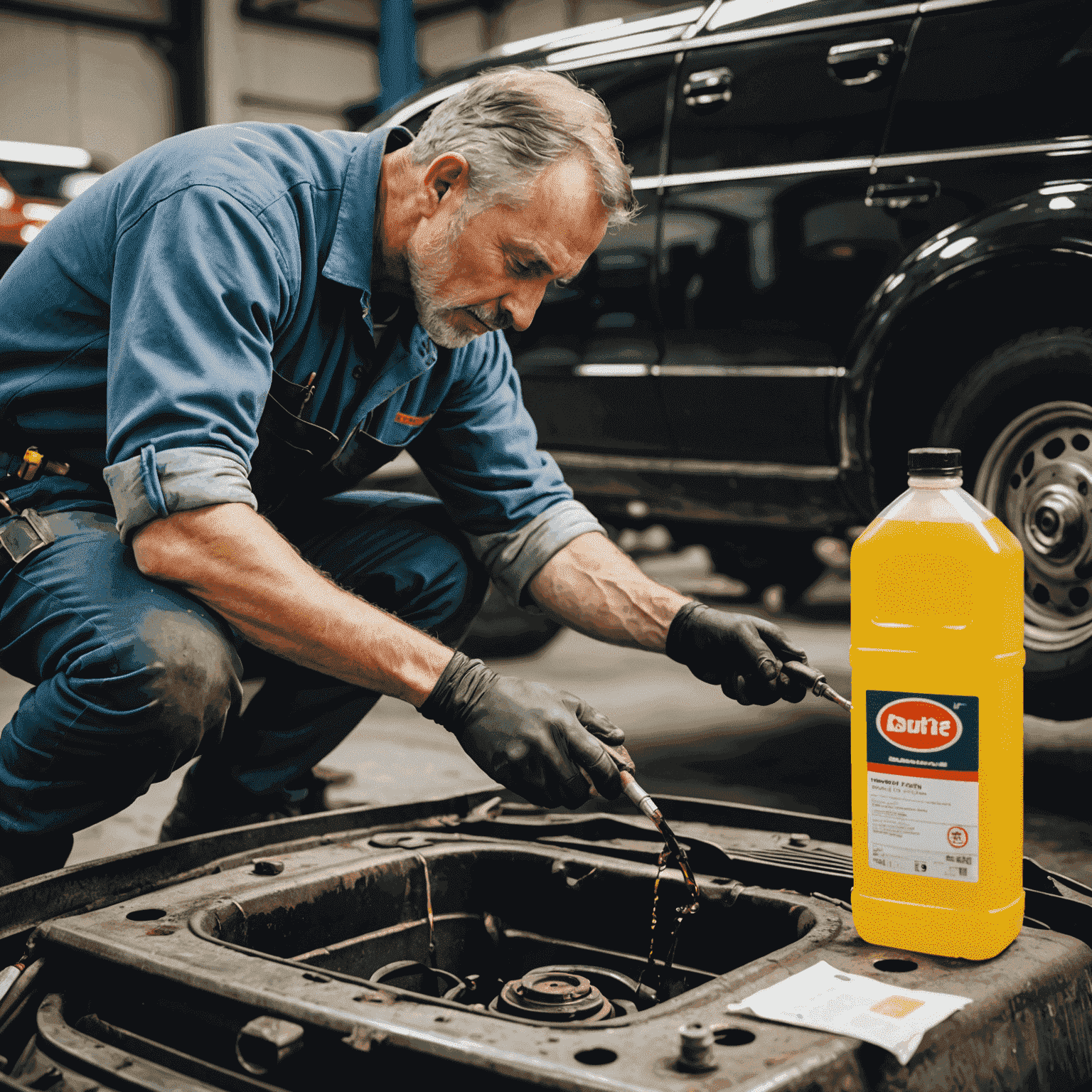 A mechanic draining old oil from a car and replacing it with fresh oil