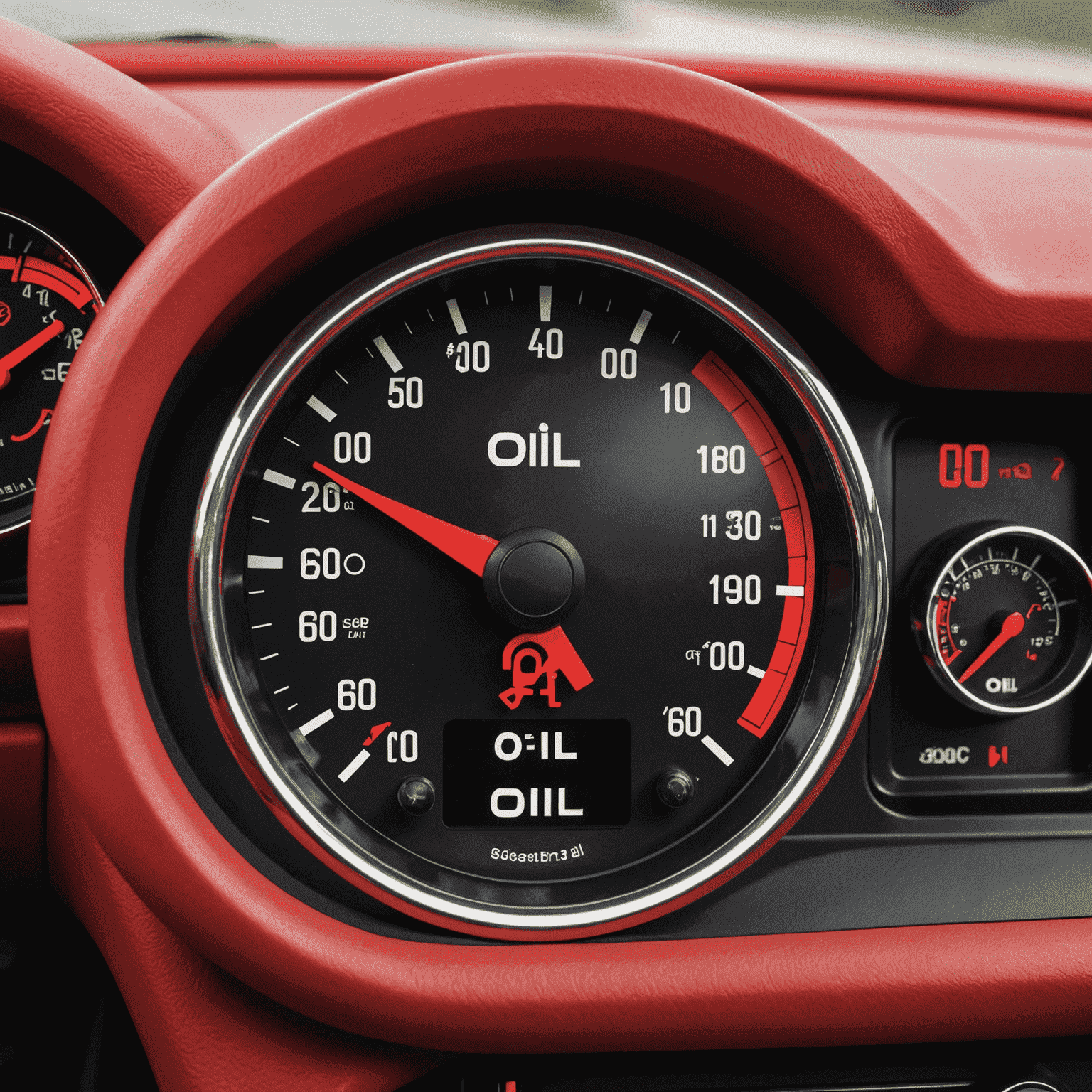 A car dashboard showing a red oil can symbol indicating low oil pressure