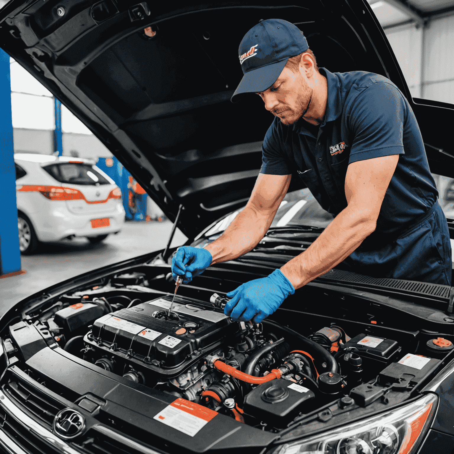 A mechanic at 1win Auto Service checking and topping up various fluids in a car engine bay