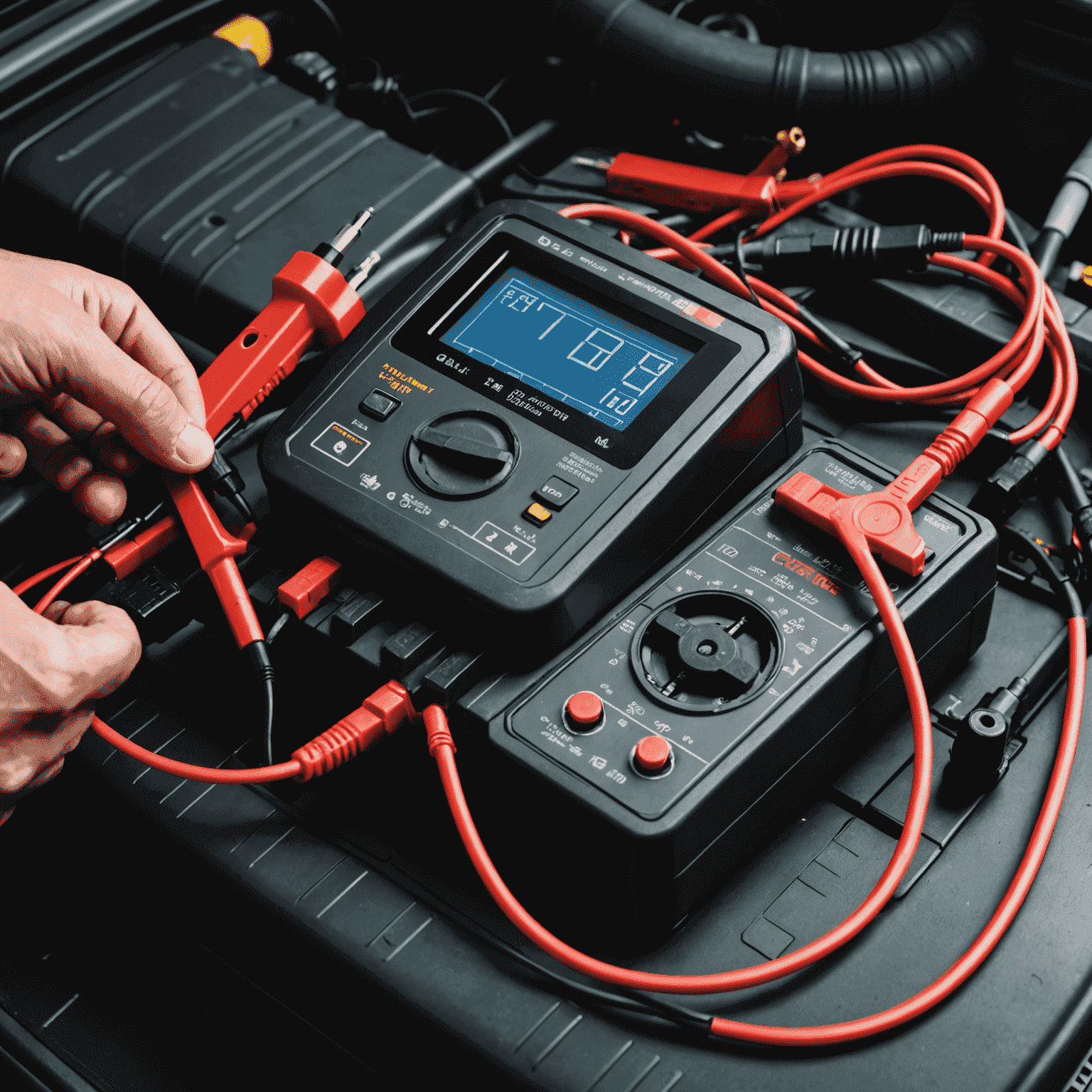 A car battery being tested with a multimeter to check its charge and overall health