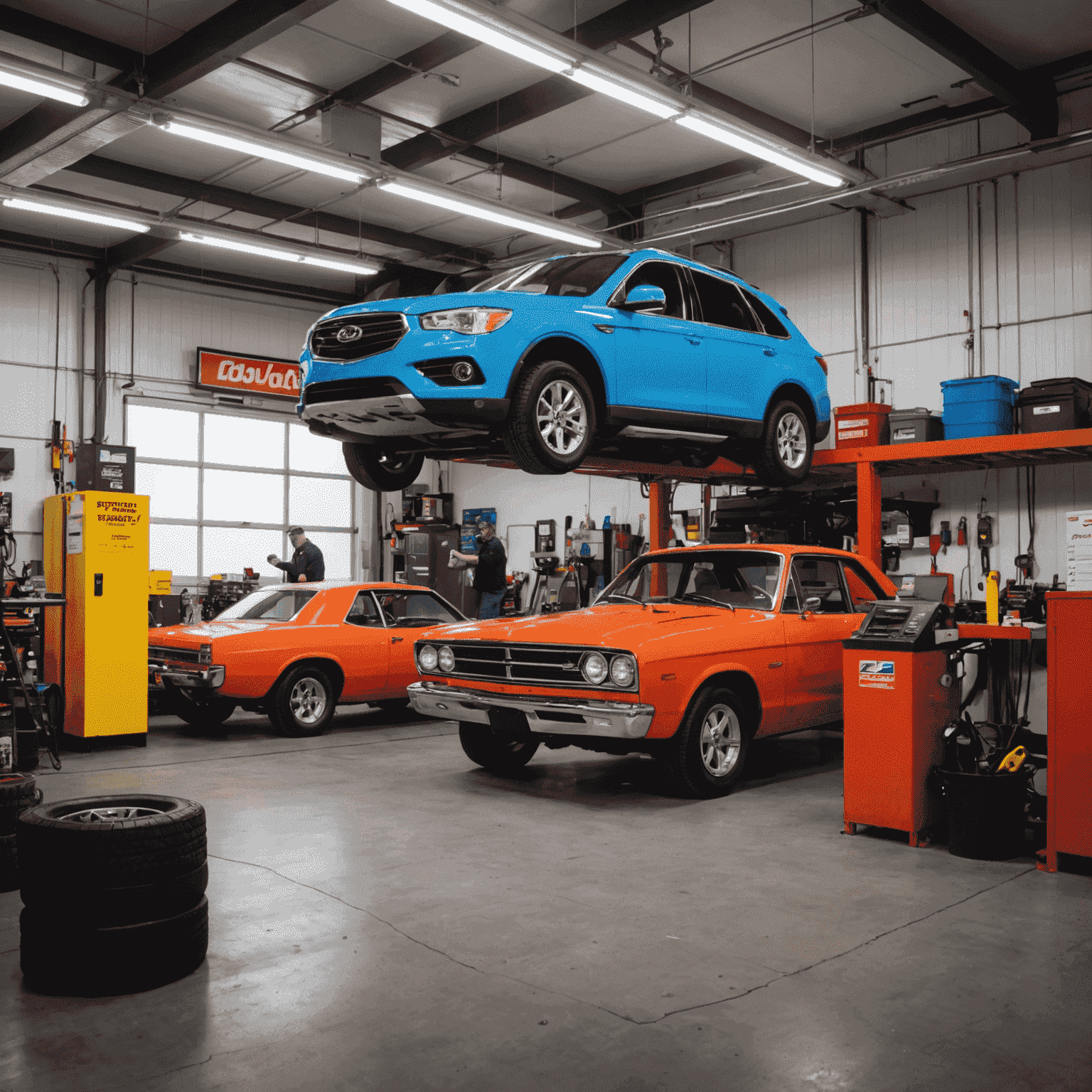 The interior of 1win Auto Service garage with mechanics working on winterizing various vehicles