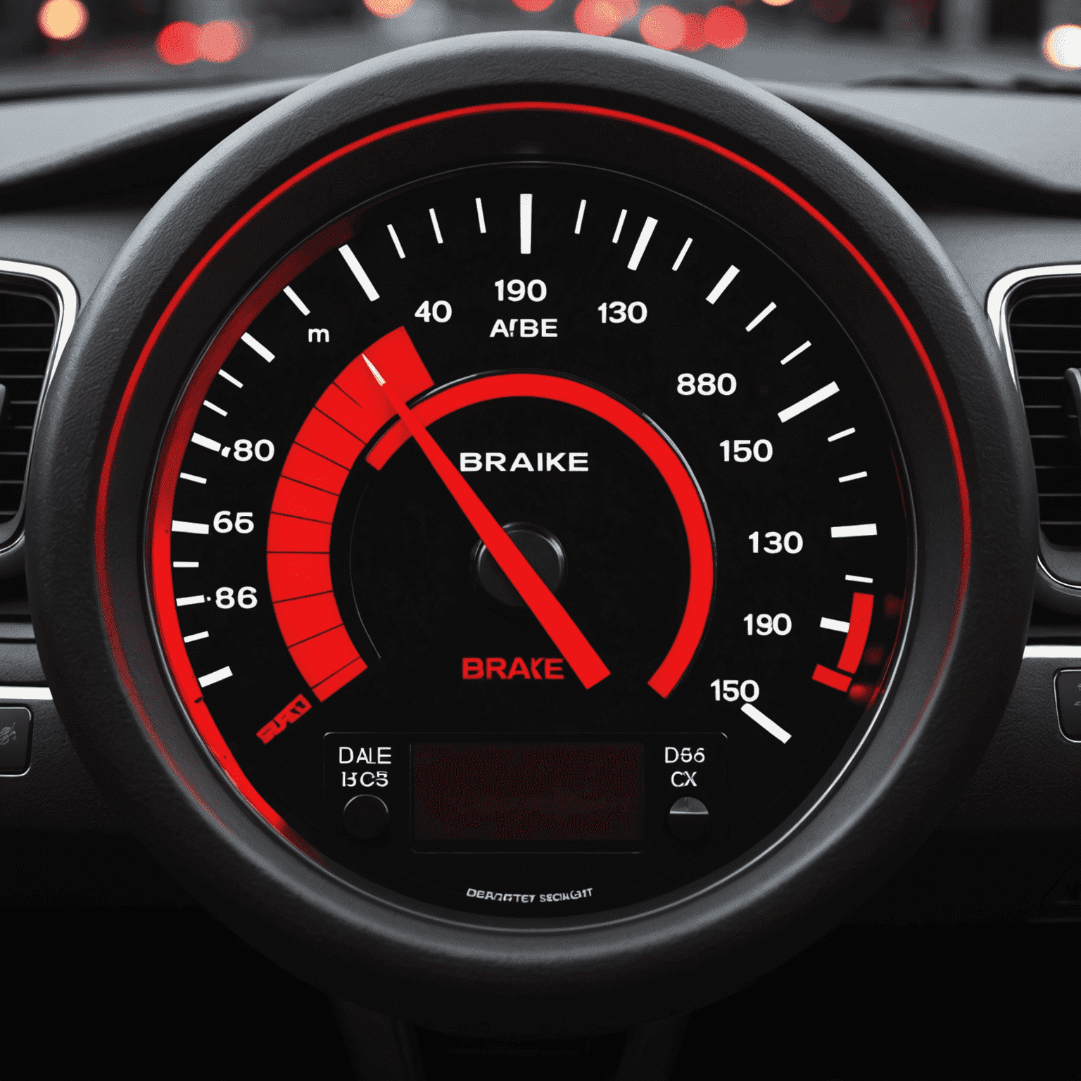 A car dashboard showing a red brake warning light