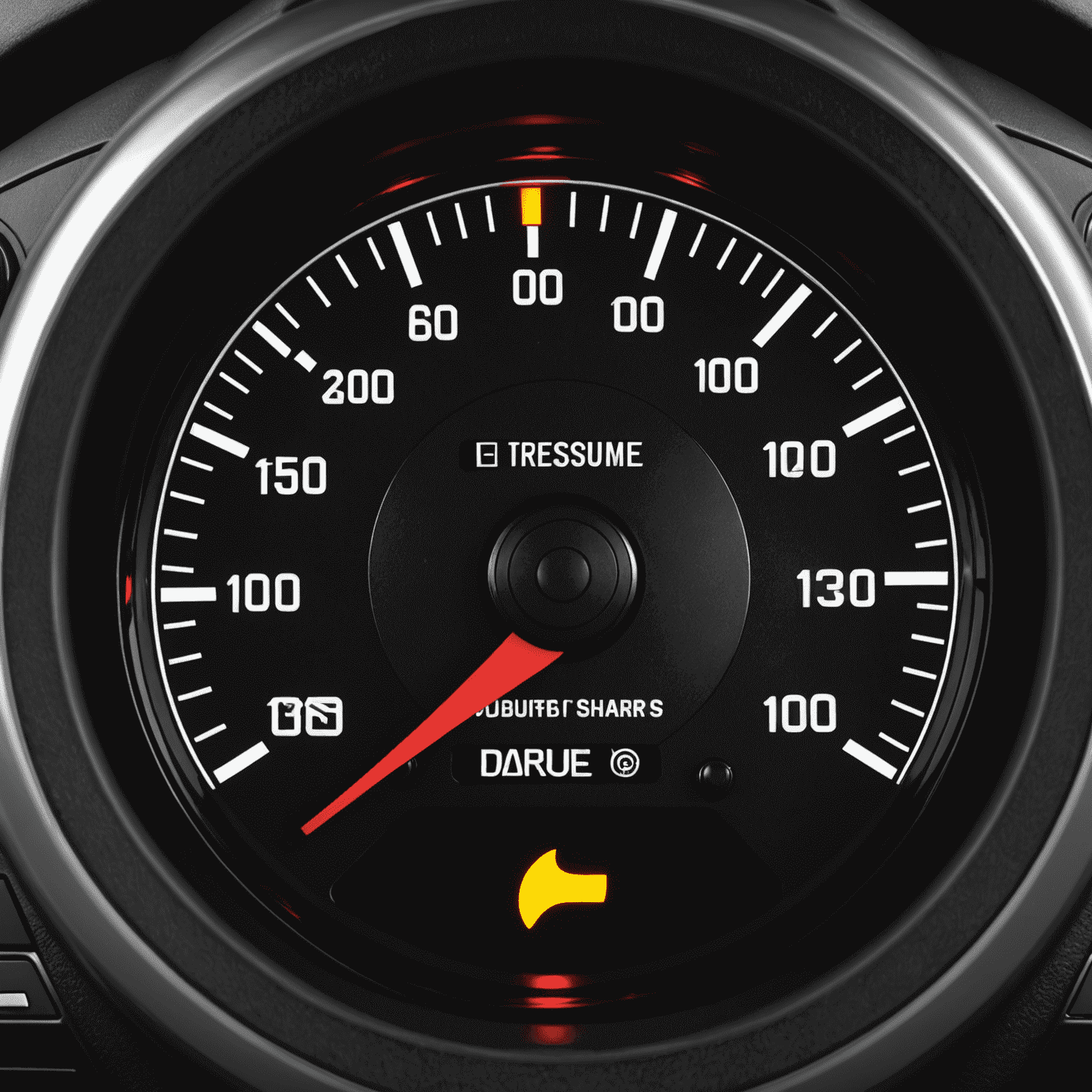 A car dashboard with an illuminated tire pressure warning symbol